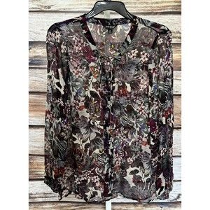 Lucky Brand Womens Small Floral Long Sleeve Semi Sheer Top Tie Neckline Purple